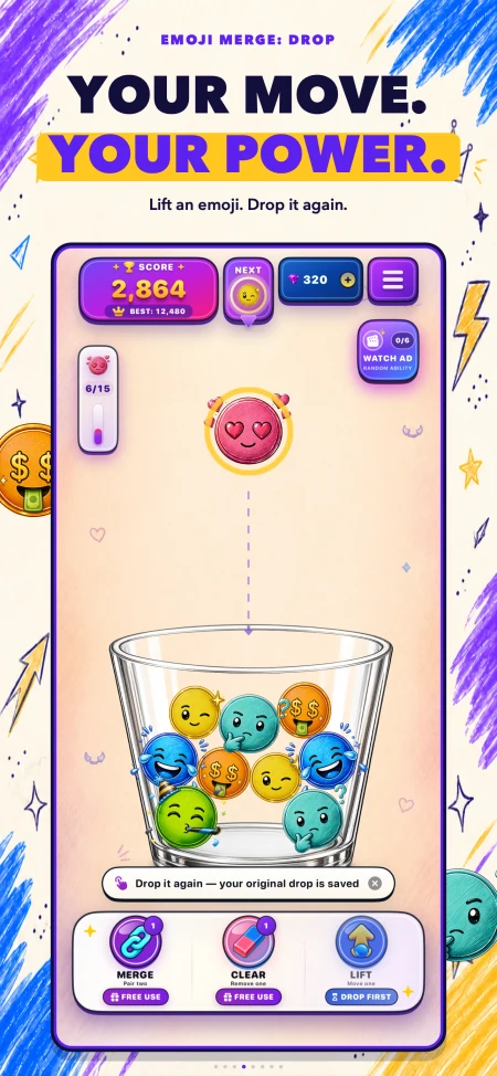 Emoji Merge preview showing the Lift ability retrieving Lovey from the cup so it can be dropped again.