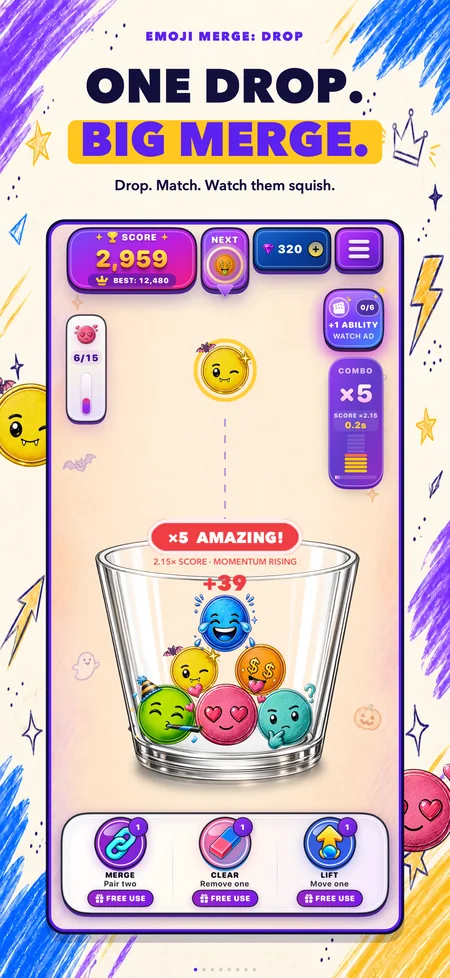 Emoji Merge gameplay with a drop, a merge reaction, and the refined glass cup.