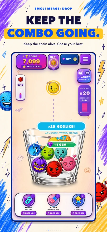 Emoji Merge combo preview with a x20 chain and Halloween characters in the cup.