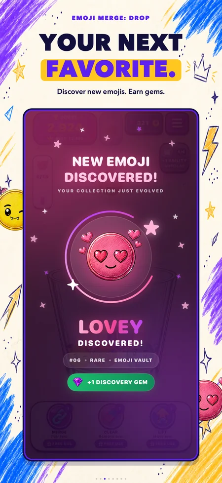 Emoji Merge first discovery of Lovey with a discovery gem reward.