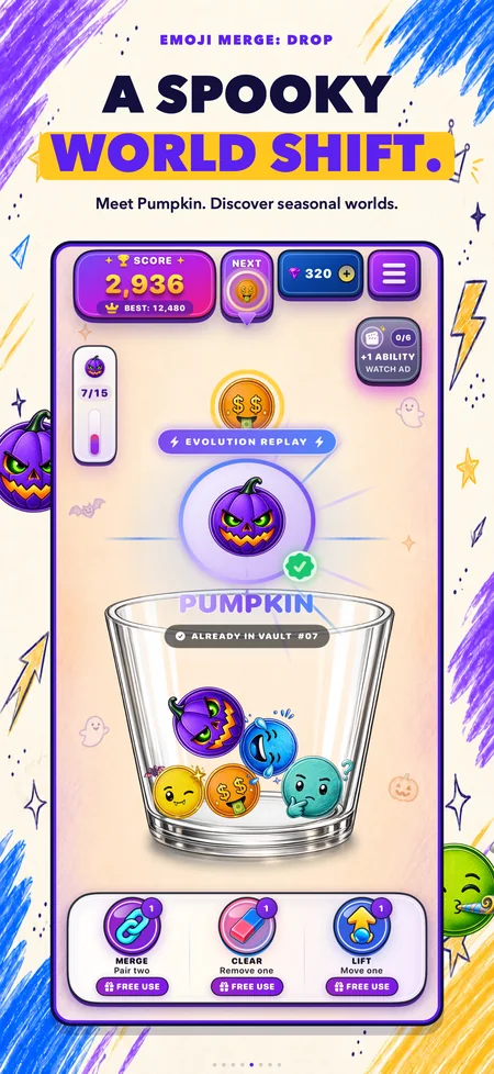Emoji Merge Halloween world shift showing Pumpkin and the seasonal background.