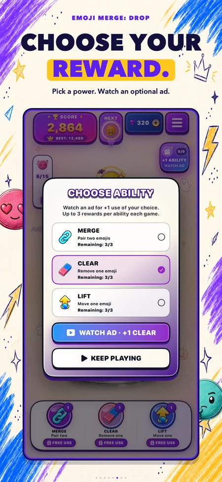 Emoji Merge optional ad chooser offering Merge, Clear, or Lift, with Clear selected.