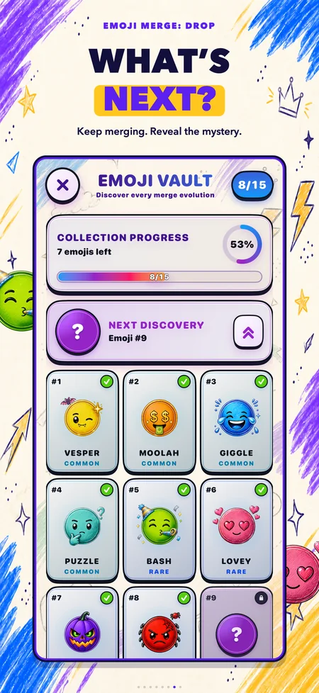 Emoji Merge redesigned Emoji Vault showing eight of fifteen discoveries, including Vesper, Pumpkin, and Webix.